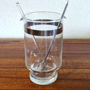 Mid-Century Modern Double Spout Silver Stripe Martini Pitcher Spoon and Mixer